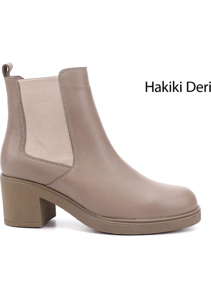 Kadın Bej Fermuarlı Kalın Topuklu Hakiki Deri Chelsea Bot