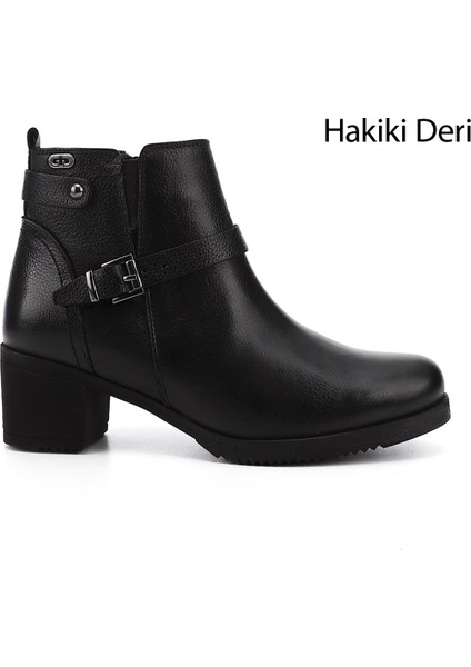 Kadın Siyah Fermuarlı Kalın Topuklu Hakiki Deri Bot