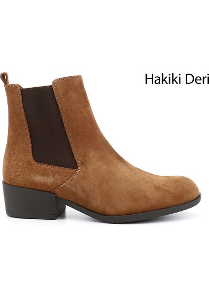 Kadın Taba Fermuarlı Kalın Topuklu Hakiki Deri Chelsea Bot