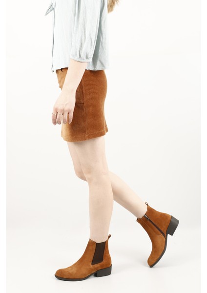 Kadın Taba Fermuarlı Kalın Topuklu Hakiki Deri Chelsea Bot fiyatları