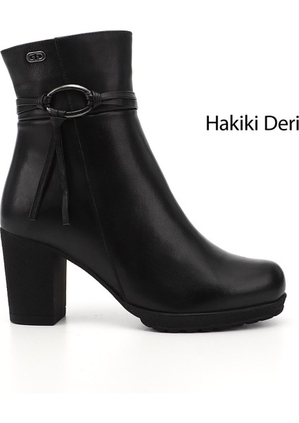 Kadın Siyah Fermuarlı Kalın Topuklu Hakiki Deri Bot