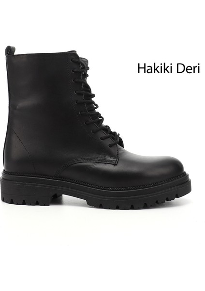 Kadın Siyah Fermuarlı Hakiki Deri Postal Bot