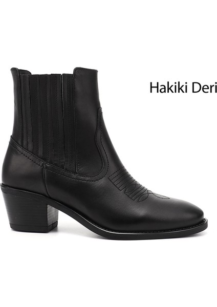 Kadın Siyah Kalın Topuklu Hakiki Deri Kovboy Bot