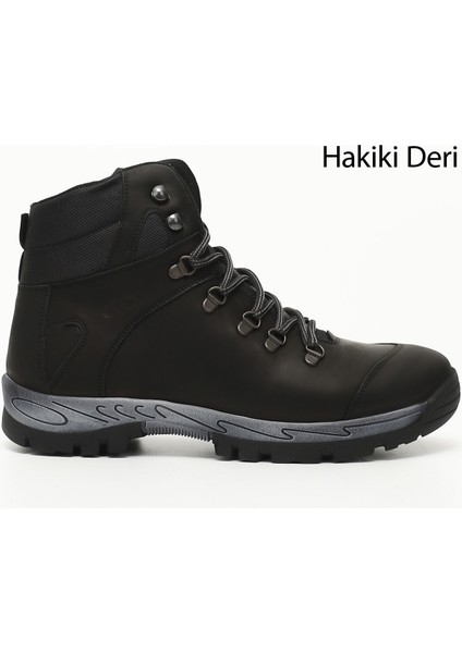 Erkek Siyah Bağcıklı Kauçuk Taban Hakiki Deri Outdoor Bot