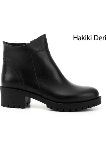 Kadın Siyah Fermuarlı Kalın Topuklu Hakiki Deri Bot