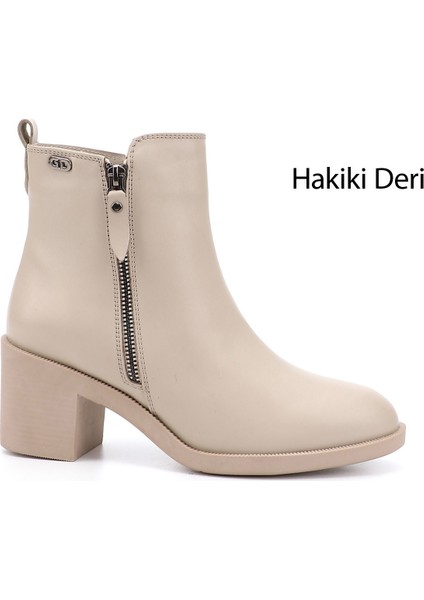 Kadın Bej Fermuarlı Kalın Topuklu Hakiki Deri Bot