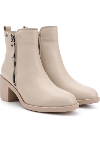Kadın Bej Fermuarlı Kalın Topuklu Hakiki Deri Bot fiyatları