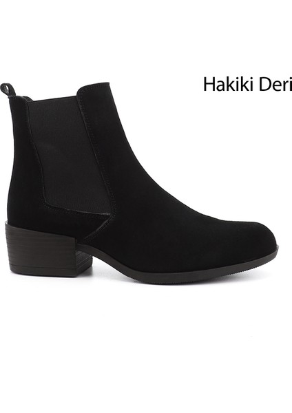 Kadın Siyah Deri Fermuarlı Kalın Topuklu Hakiki Deri Chelsea Bot