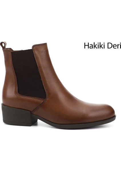 Kadın Taba Antik Fermuarlı Kalın Topuklu Hakiki Deri Chelsea Bot
