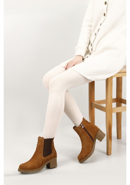 Kadın Taba Fermuarlı Kalın Topuklu Hakiki Deri Chelsea Bot fiyatları