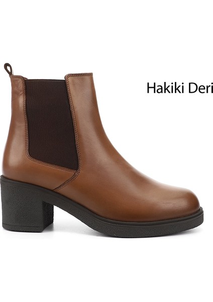 Kadın Taba Antik Fermuarlı Kalın Topuklu Hakiki Deri Chelsea Bot