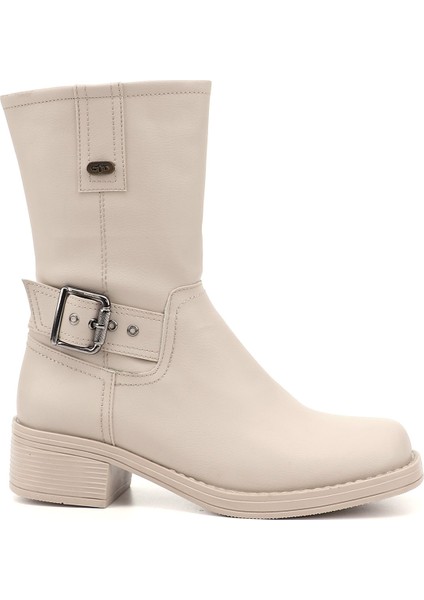 Kadın Ten Fermuarlı Küt Burun Kalın Topuklu Biker Bot