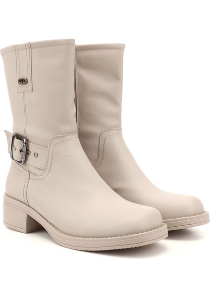 Kadın Ten Fermuarlı Küt Burun Kalın Topuklu Biker Bot modelleri