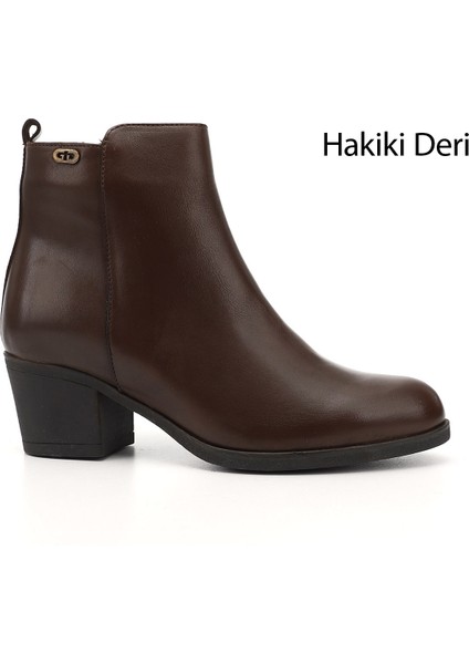 Kadın Kahve Fermuarlı Kalın Topuklu Hakiki Deri Bot