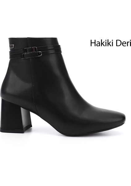 Kadın Siyah Fermuarlı Küt Burun Kalın Topuklu Bot