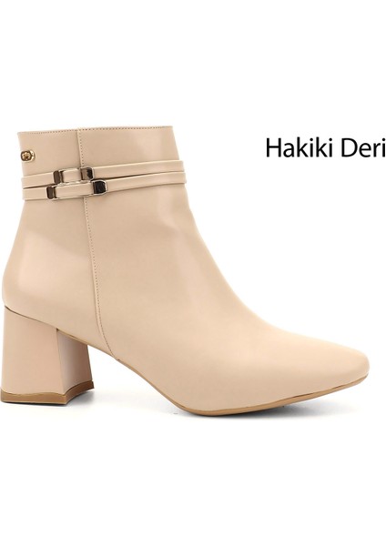 Kadın Bej Fermuarlı Küt Burun Kalın Topuklu Bot