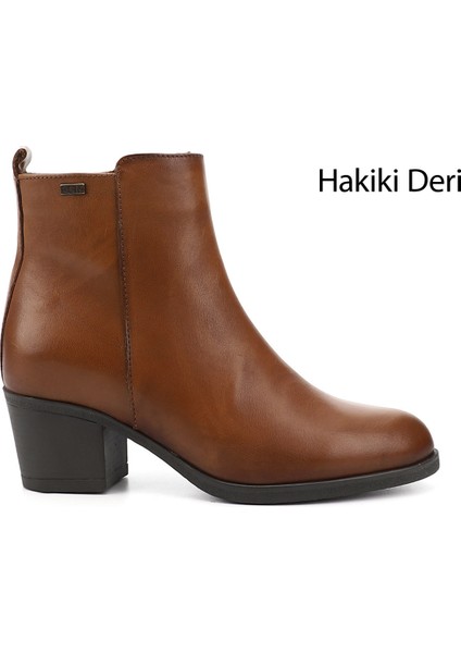 Kadın Taba Antik Fermuarlı Kalın Topuklu Hakiki Deri Bot