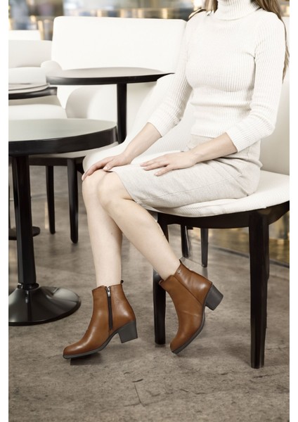 Kadın Taba Antik Fermuarlı Kalın Topuklu Hakiki Deri Bot fiyatları