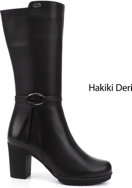 Gön Hakiki Deri Yuvarlak Burun Kauçuk Taban Topuklu Kadın Günlük Çizme 47581