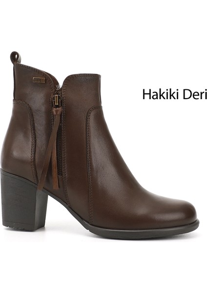 Kadın Koyu Kahve Fermuarlı Kalın Topuklu Hakiki Deri Bot