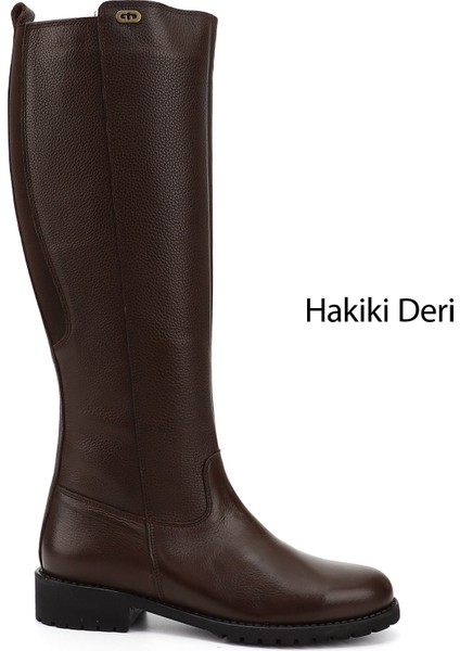 Kadın Koyu Kahve Fermuarlı Kauçuk Taban Hakiki Deri Çizme