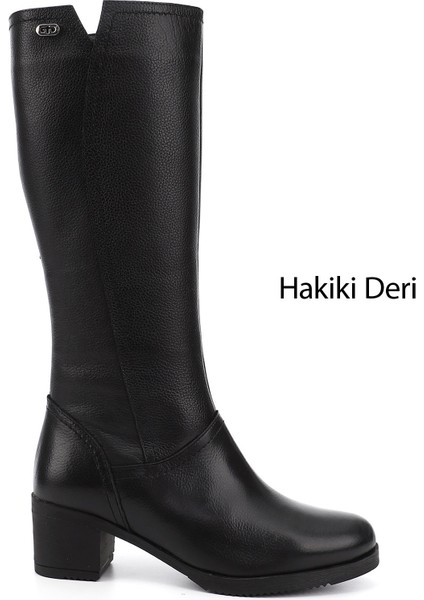 Kadın Siyah Fermuarlı Kalın Topuklu Hakiki Deri Çizme
