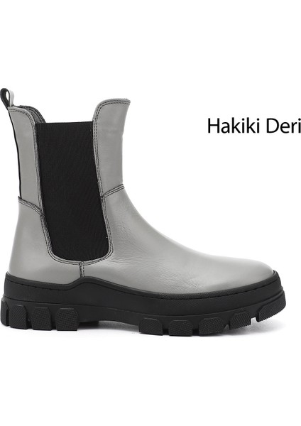 Kadın Gri Kauçuk Taban Hakiki Deri Chelsea Bot