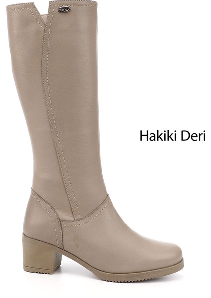 Kadın Bej Fermuarlı Kalın Topuklu Hakiki Deri Çizme