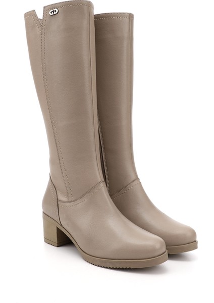 Kadın Bej Fermuarlı Kalın Topuklu Hakiki Deri Çizme fiyatları