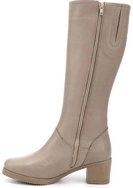 Kadın Bej Fermuarlı Kalın Topuklu Hakiki Deri Çizme modelleri