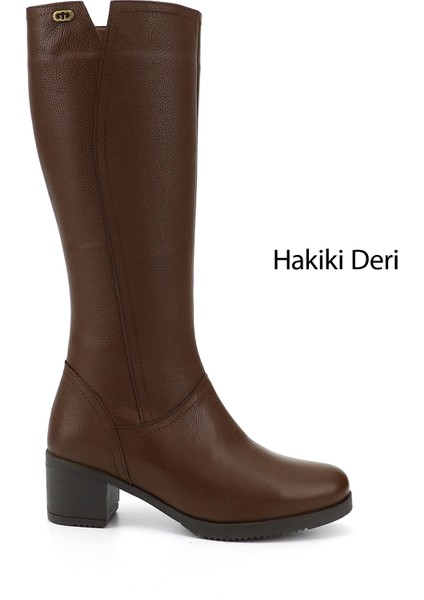 Kadın Koyu Kahve Fermuarlı Kalın Topuklu Hakiki Deri Çizme