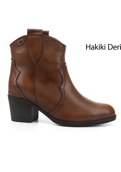 Kadın Taba Antik Kalın Topuklu Hakiki Deri Kovboy Bot