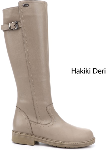 Kadın Bej Fermuarlı Kauçuk Taban Hakiki Deri Çizme