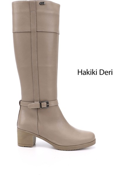 Kadın Bej Fermuarlı Kalın Topuklu Hakiki Deri Çizme