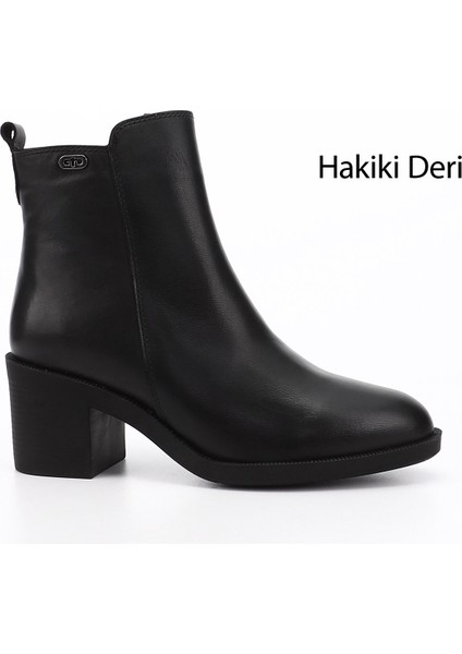 Kadın Siyah Fermuarlı Kalın Topuklu Hakiki Deri Bot