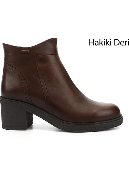 Kadın Kahve Antik Fermuarlı Kalın Topuklu Hakiki Deri Bot