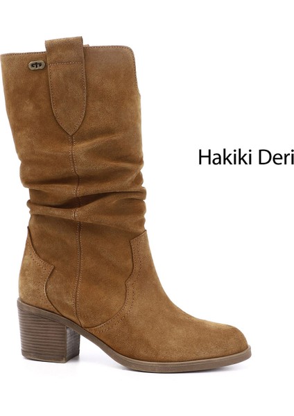 Kadın Taba Kalın Topuklu Körüklü Hakiki Deri Çizme