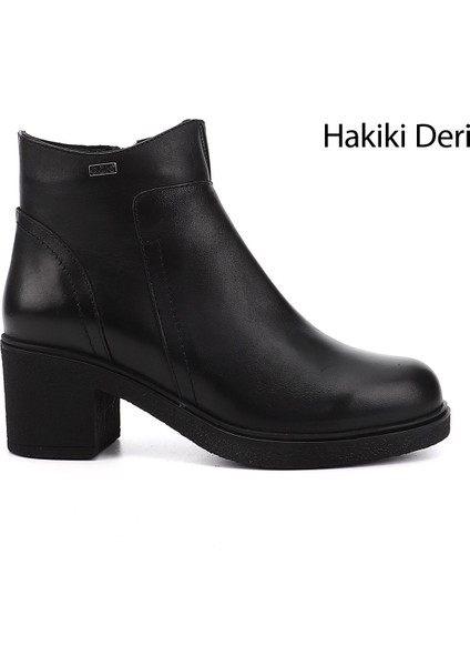 Kadın Siyah Fermuarlı Kalın Topuklu Hakiki Deri Bot