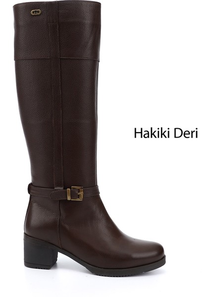 Kadın Koyu Kahve Fermuarlı Kalın Topuklu Hakiki Deri Çizme