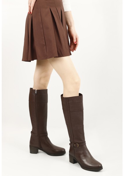 Kadın Koyu Kahve Fermuarlı Kalın Topuklu Hakiki Deri Çizme fiyatları
