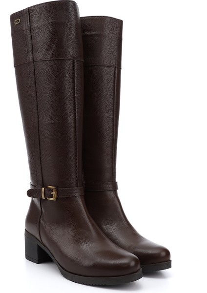 Kadın Koyu Kahve Fermuarlı Kalın Topuklu Hakiki Deri Çizme modelleri