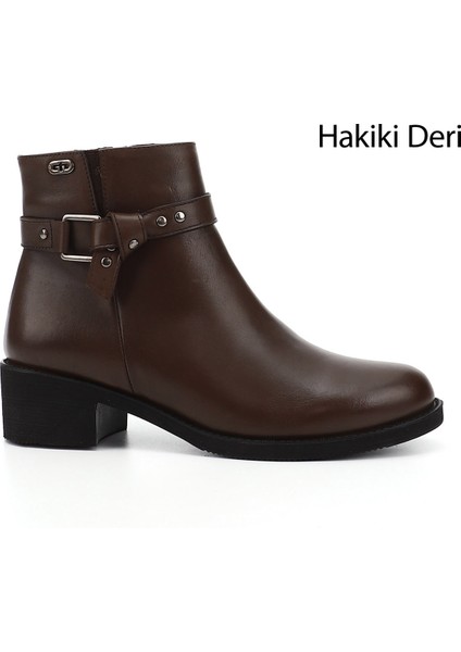 Kadın Kahve Antik Fermuarlı Kalın Topuklu Hakiki Deri Bot