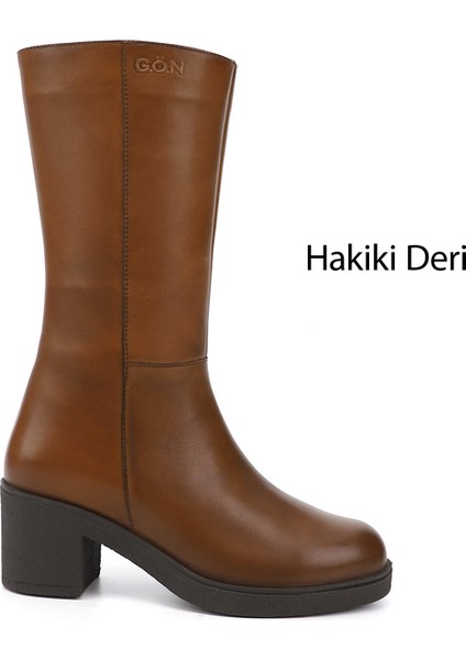 Kadın Taba Antik Fermuarlı Kalın Topuklu Hakiki Deri Çizme