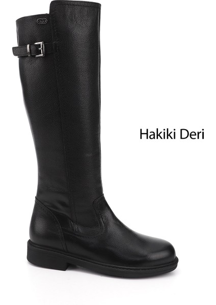 Kadın Siyah Floter Fermuarlı Kauçuk Taban Hakiki Deri Çizme