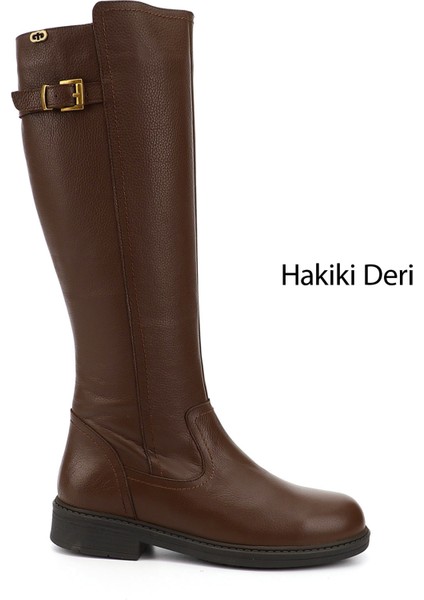 Kadın Kahve Floter Fermuarlı Kauçuk Taban Hakiki Deri Çizme