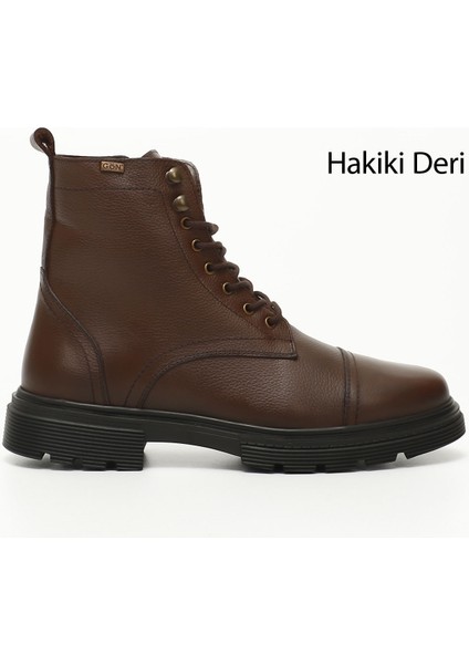Kahve Gön Hakiki Deri Fermuarlı Bağcıklı Erkek Postal Bot 81501