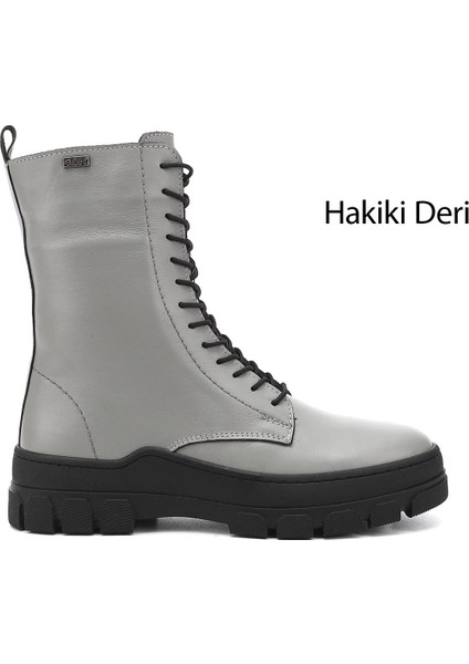 Kadın Gri - Gri Fermuarlı Kauçuk Taban Hakiki Deri Postal Bot