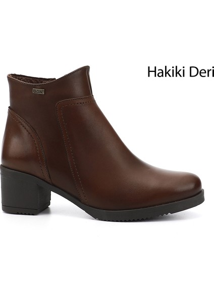 Kadın Kahve Fermuarlı Kalın Topuklu Hakiki Deri Bot