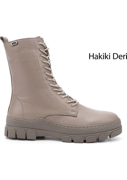 Kadın Bej Fermuarlı Kauçuk Taban Hakiki Deri Postal Bot