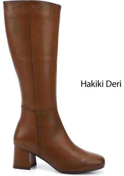 Kadın Taba Antik Hakiki Deri Topuklu Fermuarlı Çizme